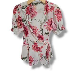 Ember Women’s Floral Ruffled Wrap Blouse – Size Medium, Mesh fabric Gently Used